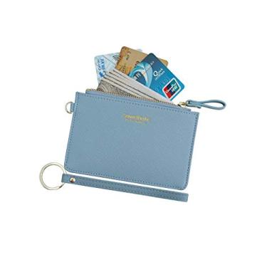 Imagem de Carteira feminina fina com porta-cartões RFID, carteira de couro pequena, porta-moedas e chaveiro com zíper, Azul, Small
