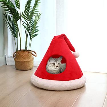 Imagem de NIBESSER Cama de gato chapéu de natal barraca de gato casa com aquecimento automático 2 em 1 removível confortável triângulo tenda para animais de estimação natal caverna de cachorro no inve