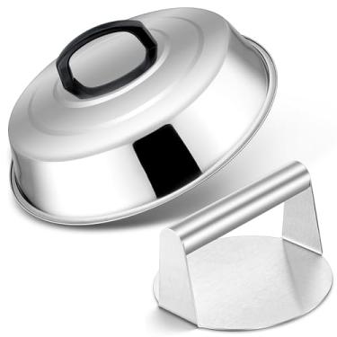 Imagem de HaSteeL Cúpula de derretimento de queijo de 30 cm e prensa de bacon de 17 cm, tampa redonda de aço inoxidável, prensa de grelha de hambúrguer com cabo de madeira, conjunto de acessórios de grelha para