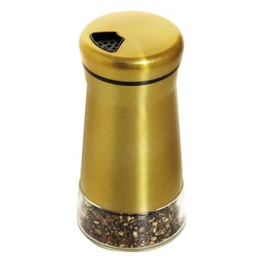 Imagem de Bonris Saleiro e pimenteiro de aço inoxidável de cobre, recipiente de garrafa inferior transparente com tampa de aço inoxidável, com orifício ajustável para servir