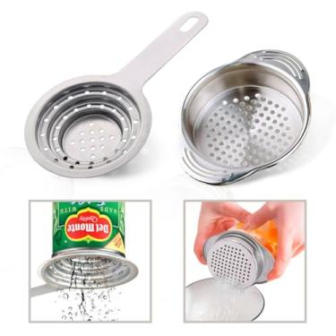 Imagem de 2 peças de coador de atum para lata - Escorredor pequeno com alça de aço inoxidável prensa de filtro de lata de atum para cozinha multiusos prensa de escorredor de atum