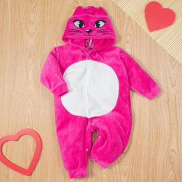 Imagem de Macacão Longo Em Plush para Bebê Capuz Bordado Gatinha Pink - Era Uma 