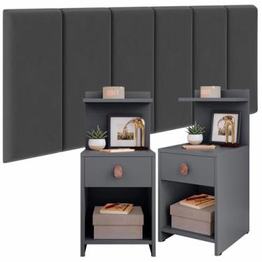 Imagem de KIT 2 Mesa de Cabeceira com 1 Gaveta e Prateleira Box Boss + 1 Cabeceira Estofada 1.40 Julia (Julia 1.40 Cinza/Boss Cinza)