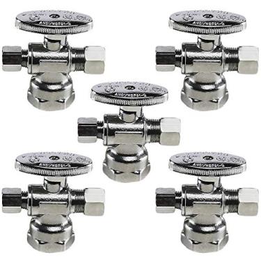 Imagem de Midline Valve 86314QS-OM-5 Válvula de parada angular de fonte de água; tomada dupla; roda de 1/2" FIP x 1/4" de compressão; latão cromado (pacote com 5)