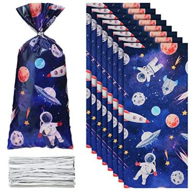 Imagem de Pacote com 120 sacos de festa do espaço sideral, sacos de PVC com tema de galáxia, sacos de doces de plástico astronauta, sacos de doces temáticos do espaço sideral, sacos de brindes de celofane com