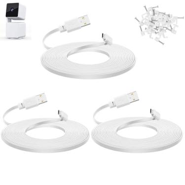 Imagem de Pacote com 3 cabos de 6 metros para câmera WYZE Cam Pan v3, cabo de alimentação de extensão micro USB plano, 90 graus, branco