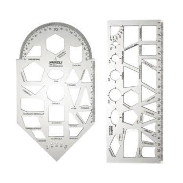Imagem de Kit Régua Escolar Gabarito Para Geometria + Formas Geométricas Cristal