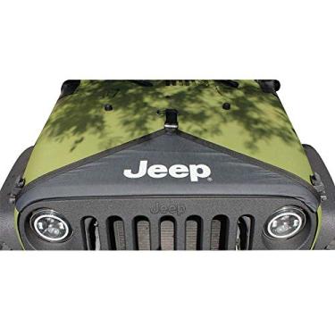 Imagem de Mopar 82210316 Capa de capô preta, estilo T, combina com capas superiores e de pneus, com logotipo da marca Jeep. Cobre apenas o capô, a foto é de capa frontal completa que inclui uma capa de capô em
