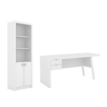 Imagem de Escritório com Mesa para Computador 2 Gavetas Com Armário Pareteleira 2 Portas Branco - FdECOR