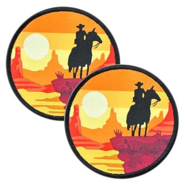 Imagem de 2 peças de adesivos de cowboy do oeste ocidental para jaquetas - gancho e laço engraçado cavalo caubói e patch pôr do sol para roupas de motociclista - Emblema costurado na moda bordado para roupas