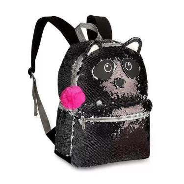 Imagem de Mochila Escolar Infantil Reversíveis Panda Paetês Com Pompom Chaveiro 