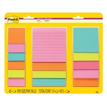 Imagem de Post-it Super Sticky Notes, Tamanhos Sortidos, 15 blocos, 2x The Sticking Power, Coleção Miami, Cores Neon (Laranja, Rosa, Azul, Verde), Reciclável (4423-15SSMIA)