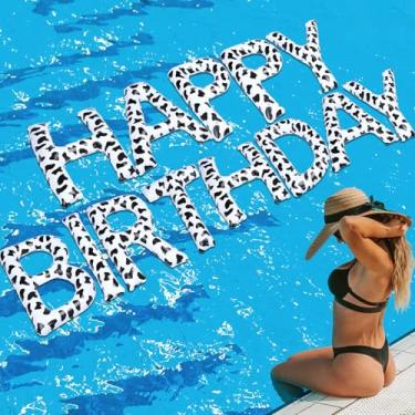 Imagem de VioraWhite Boia de piscina com estampa de vaca de 50 cm, boia de feliz aniversário, letras flutuantes, grandes, com pontos adesivos, decorações infláveis de piscina para festa de aniversário de verão