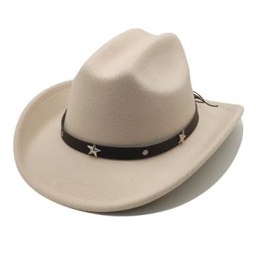 Imagem de Chapéu de cowboy infantil para meninas e meninos chapéu de vaqueira ocidental com cinto de fivela unissex chapéu Fedora de aba larga fantasia, C - bege, 6 3/4