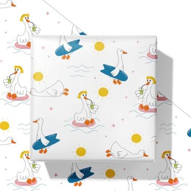 Imagem de SaringSwoon Papel de embrulho de pato de verão para chá de bebê de aniversário - embrulho de praia engraçado com pato fofo, ensolarado, chapéus, bebida e natação design para o verão, férias de