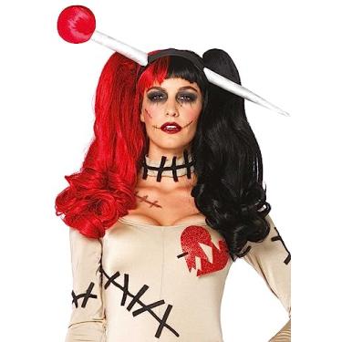 Imagem de Leg Avenue Peruca feminina arlequim com rabo de cavalo e alça ajustável, preto/vermelho, tamanho único, Preto/vermelho, tamanho nico