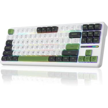 Imagem de Teclado mecânico sem fio F87, Teclados de jogos intercambiáveis quentes personalizados TKL de 75% com tampas PBT, Teclado cremoso retroiluminado RGB, 2.4GHz/USB-C/BT5.0-Branco e Verde