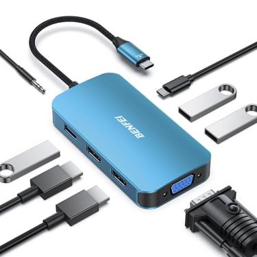 Imagem de BENFEI USB C MST HUB 8 em 1 com USB-C para 2 HDMI/1 VGA, para 3 entradas de energia USB 3.0/100W / áudio auxiliar de 3,5 mm, compatível com iPhone 15 Pro/Max, MacBook Pro 2023/2022/2021/2020, Surface