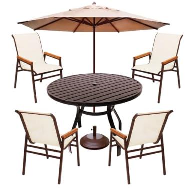 Imagem de Jogo de Jardim Mesa Redonda 90cm Aluminio 4 Cadeiras Pisicna com Braço Madeira e Ombrelone (Bege Claro)