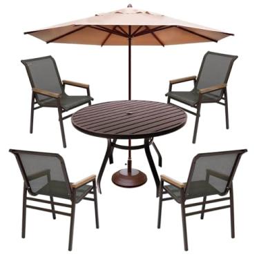 Imagem de Jogo de Jardim Mesa Redonda 90cm Aluminio 4 Cadeiras Pisicna com Braço Madeira e Ombrelone (Marrom)