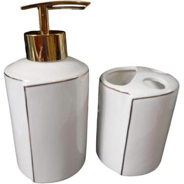 Imagem de Jogo Banheiro 2 Peças Porcelana Porta Escova e Sabonete Liquido 320ml 