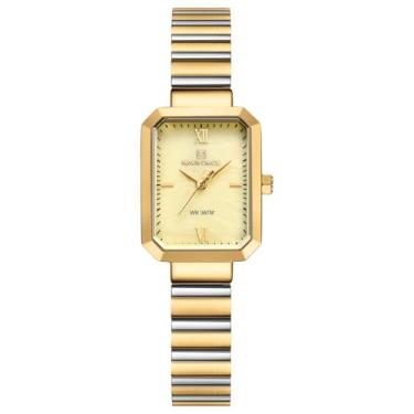 Imagem de NAVIFORCE Relógio feminino simples estilo retrô pulseira de aço inoxidável, caixa retangular vintage para mulheres com ferramenta de ajuste, ouro + ouro + ouro, Tendência