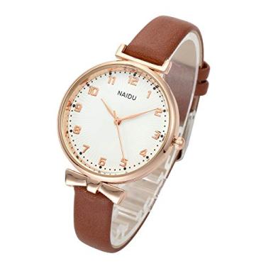 Imagem de Top Plaza Relógio de pulso feminino clássico simples de couro analógico quartzo caixa ouro rosa numerais arábicos relógios sociais casuais, Marrom, Clássico