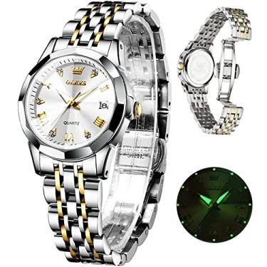 Imagem de OLEVS Relógio feminino analógico de quartzo, mostrador de diamante, relógio de ouro rosa com pulseira de aço inoxidável, vestido moderno, luminoso, à prova d'água, 9921/JJB, Round