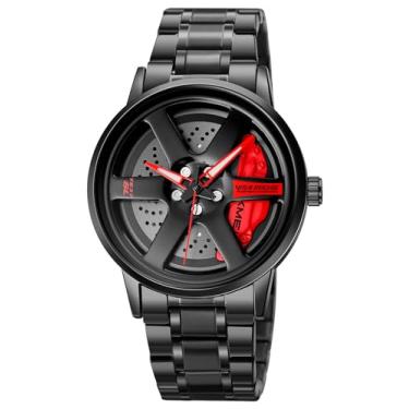 Imagem de Relógio de pulso masculino criativo 3D giratório com roda de carro, design de cubo de aro, moderno, quartzo, elegante, com pulseira de aço inoxidável, presentes para entusiastas de carros, U vermelho