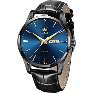 Imagem de OLEVS Relógios de pulso masculinos de couro marrom, dourado, analógico, quartzo, moderno, para negócios, data, luminoso, à prova d'água, casual, masculino, Mostrador azul de couro preto, Moderno