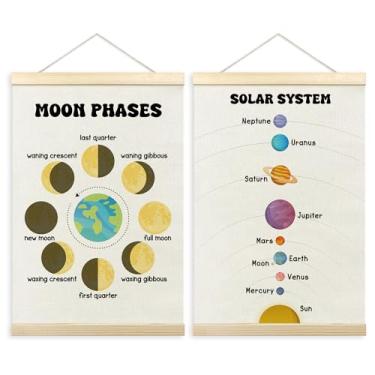 Imagem de TLESKE Conjunto de 2 molduras para pôsteres espaciais, fases da lua, sistema solar, sala de aula, decoração de parede para sala de jogos, sala de jogos, pré-escolar, pré-escola, aprendizagem