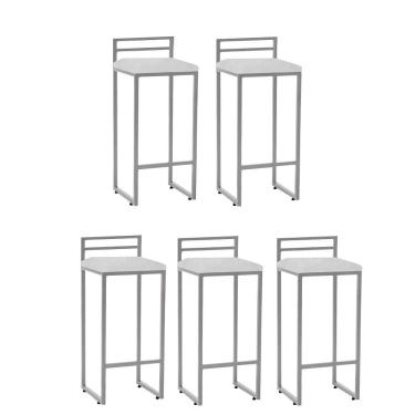 Imagem de Kit 05 Banqueta Alta Com Encosto Petra Balcão Bar Cozinha Bistrô Ferro Cinza Corino Branco