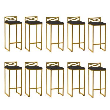 Imagem de Kit 10 Banqueta Alta Com Encosto Ema Balcão Ferro Dourado Sintético Cinza