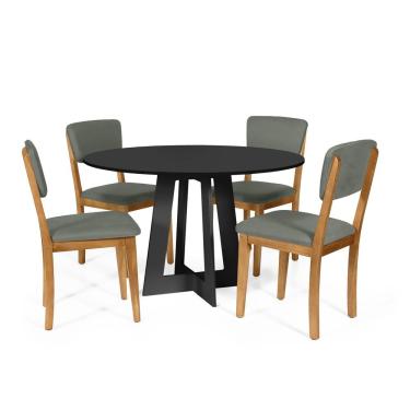 Imagem de Mesa De Jantar Redonda Montreal Preta Com 4 Cadeiras Estofadas Ella Cinza