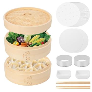 Imagem de ATPWONZ Cesta De Bambu Para Cozimento A Vapor, 8", 2 Camadas Com Tampa, Papel Bolinhos E Forros Silicone, Cortador, Prato Molho, Hashis, Comida Asiática