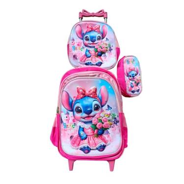 Imagem de Kit Mochila Escolar Stitch com Rodinhas de Gel Estampa em 3D + Lancheira Térmica + Estojo Escolar Infantil