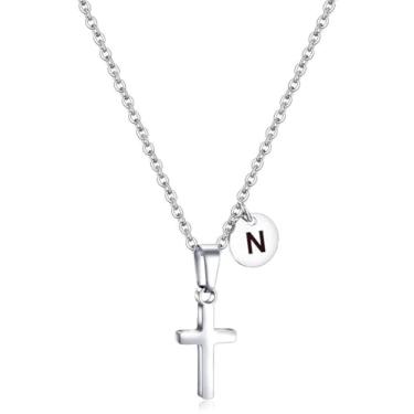 Imagem de AILAAILA Colar com cruz para crianças, meninos, inicial, adolescentes, pingente de cruz de aço inoxidável, minimalista, presente de Páscoa, presente de Natal, primeira comunhão, presentes de batismo