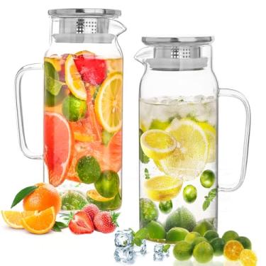 Imagem de Conjunto de 2 jarros de vidro com tampa, 2 litros (1,9 litros) à prova de vazamento, jarros de água de vidro, livre de BPA, jarro seguro para micro-ondas e lava-louças, sol e chá gelado, sangria, café