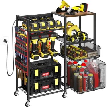 Imagem de Carrinho grande organizador de ferramentas elétricas com estação de carregamento, 6 compartimentos para furadeira sem fio com gavetas, carrinho de armazenamento com 8 tomadas elétricas, organizador de