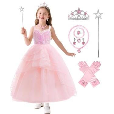 Imagem de VBRAQ Conjunto completo de fantasia de bruxa para meninas, vestido de princesa de tule e lantejoulas fofas rosa, presentes de aniversário, roupa com acessórios para festa, rosa, 7-8 Anos