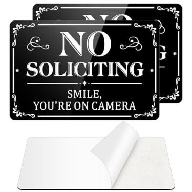 Imagem de Placa sem solicitação para porta da frente, (embalagem com 2) placa autoadesiva sem solicitação para casa, placas metálicas de alumínio de 23 x 15 cm para quintal (estilo: Smile You Are On Camera)
