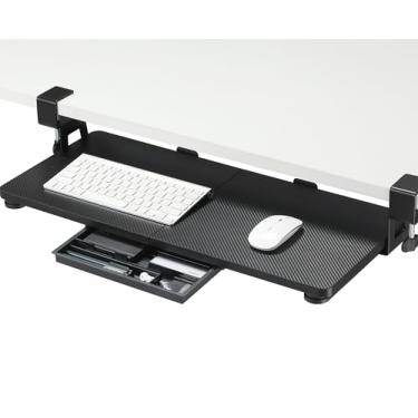 Imagem de ETHU Bandeja de teclado sob a mesa, 68 cm x 30 cm, bandeja de teclado grande com suporte de fixação C fácil de instalar, suporte para teclado de computador, bandeja ergonômica para teclado para casa e escritório (carbono)