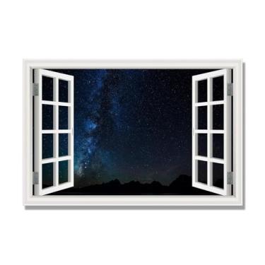 Imagem de NHLDZYH Quadro sobre tela janela. Quadro de janela com paisagem. Imagem natureza em tela. Quadros decoração de sala moderna (céu estrelado à noite 02) 60 x 90 cm moldura interna