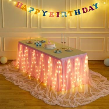Imagem de Saia de mesa tutu de tule rosa para mesas retangulares ou mesas redondas, toalha de mesa com cordão de luz LED para meninas, chá de bebê, festa de aniversário, sobremesa/mesas de bolo