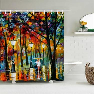 Imagem de Cortina de chuveiro de banheiro com impressão de paisagem de cidade rural, cortina de poliéster com pintura de cenário, decoração para casa, 6313W, W90xH180cm