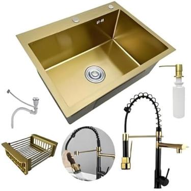 Imagem de Kit Cuba Gourmet Completa Com Acessórios Cozinha Aço Inox Dourada + Torneira 2 Saídas Gourmet Monocomando Misturador Preta e Dourada Aço Inox Brinovar
