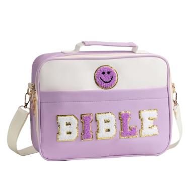 Imagem de Capa Bíblica Feminina Grande Carta de Chenille Bolsa Bíblica com Alça de Ombro Bolsas de Transporte de Bíblia para Acessórios de Estudo da Bíblia para Mulheres Lady Grils, Roxa, Large