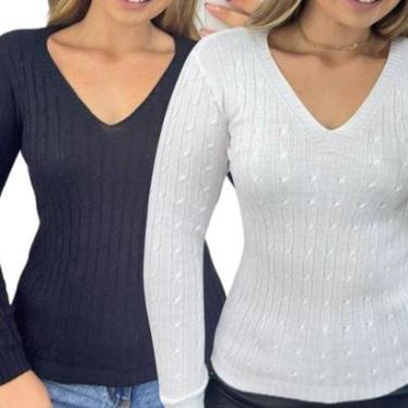 Imagem de Kit 2 Blusas Femininas Industrie e Branco Suéter Malha Tricô Manga Longa Tamanho:Único;Cor:-Feminino