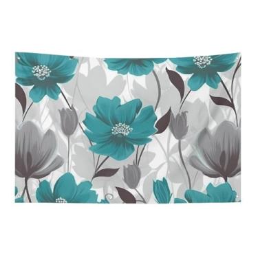 Imagem de Bandeira floral cinza e branca azul-petróleo 61 x 89 cm sem desbotamento bandeira de boas-vindas jardim quintal casa bandeiras decorativas jardim quintal bandeira interior exterior decoração de festa
