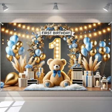 Imagem de BlissYard Banner de 1º aniversário 178 x 109 cm ouro real urso de pelúcia bebê menino decoração de festa de primeiro aniversário grande 1st party banner pano de fundo foto estúdio decoração